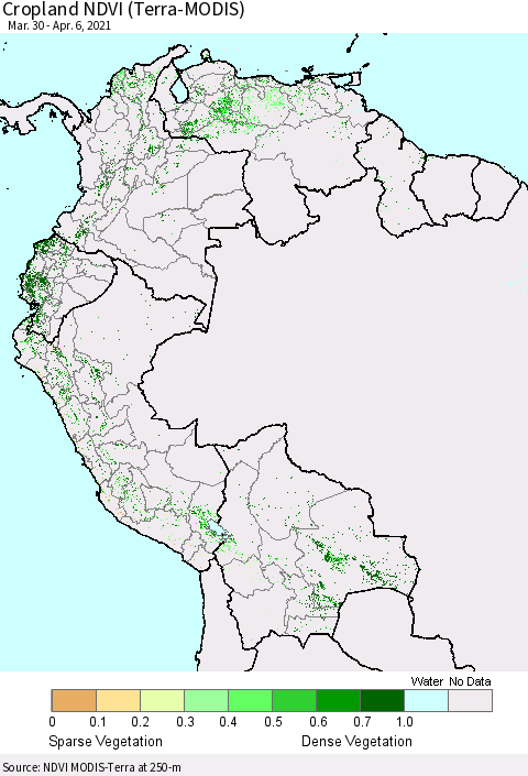 Northern South America Cropland NDVI (Terra-MODIS) Thematic Map For 3/30/2021 - 4/6/2021