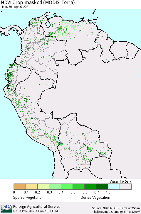 Northern South America Cropland NDVI (Terra-MODIS) Thematic Map For 4/1/2021 - 4/10/2021