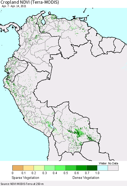Northern South America Cropland NDVI (Terra-MODIS) Thematic Map For 4/7/2021 - 4/14/2021