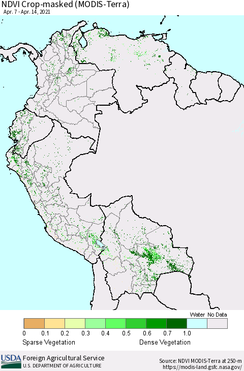 Northern South America Cropland NDVI (Terra-MODIS) Thematic Map For 4/11/2021 - 4/20/2021