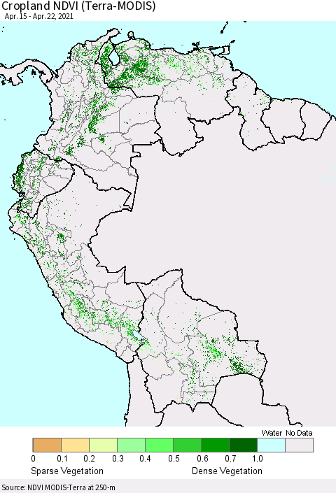 Northern South America Cropland NDVI (Terra-MODIS) Thematic Map For 4/15/2021 - 4/22/2021