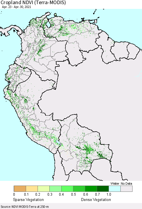 Northern South America Cropland NDVI (Terra-MODIS) Thematic Map For 4/23/2021 - 4/30/2021