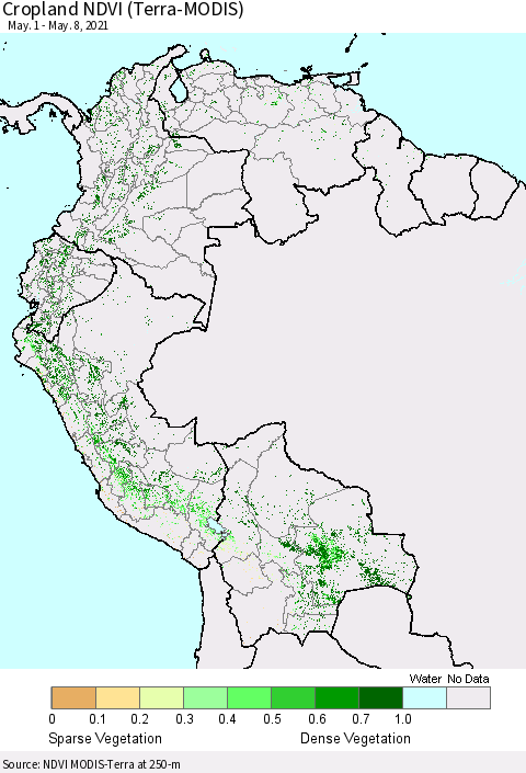 Northern South America Cropland NDVI (Terra-MODIS) Thematic Map For 5/1/2021 - 5/8/2021