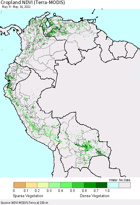 Northern South America Cropland NDVI (Terra-MODIS) Thematic Map For 5/9/2021 - 5/16/2021