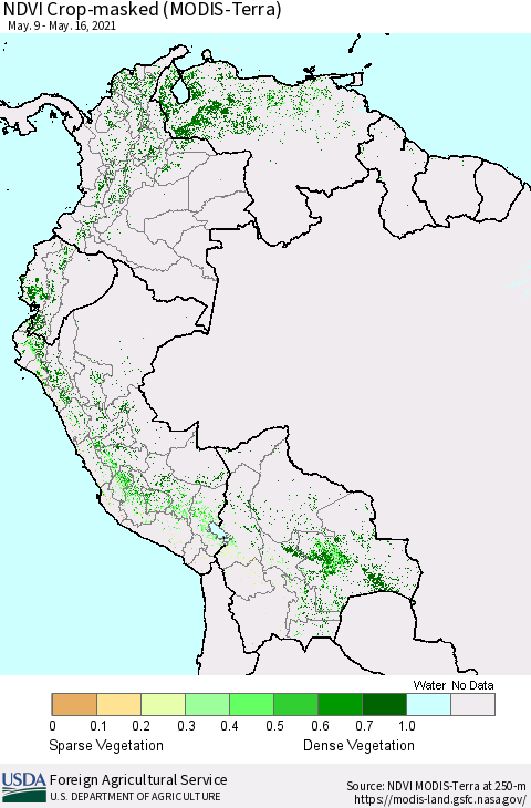 Northern South America Cropland NDVI (Terra-MODIS) Thematic Map For 5/11/2021 - 5/20/2021