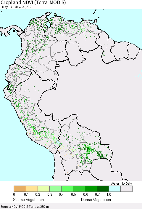 Northern South America Cropland NDVI (Terra-MODIS) Thematic Map For 5/17/2021 - 5/24/2021