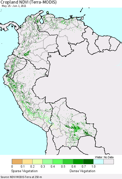 Northern South America Cropland NDVI (Terra-MODIS) Thematic Map For 5/25/2021 - 6/1/2021