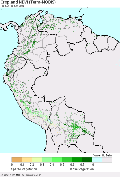 Northern South America Cropland NDVI (Terra-MODIS) Thematic Map For 6/2/2021 - 6/9/2021