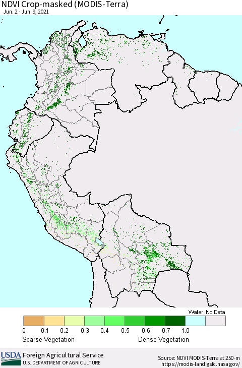 Northern South America Cropland NDVI (Terra-MODIS) Thematic Map For 6/1/2021 - 6/10/2021