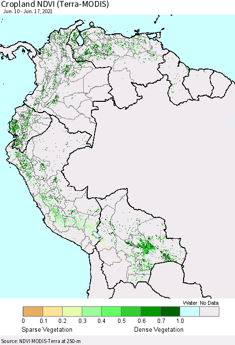 Northern South America Cropland NDVI (Terra-MODIS) Thematic Map For 6/10/2021 - 6/17/2021