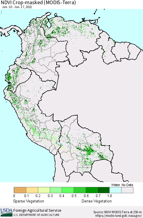 Northern South America Cropland NDVI (Terra-MODIS) Thematic Map For 6/11/2021 - 6/20/2021