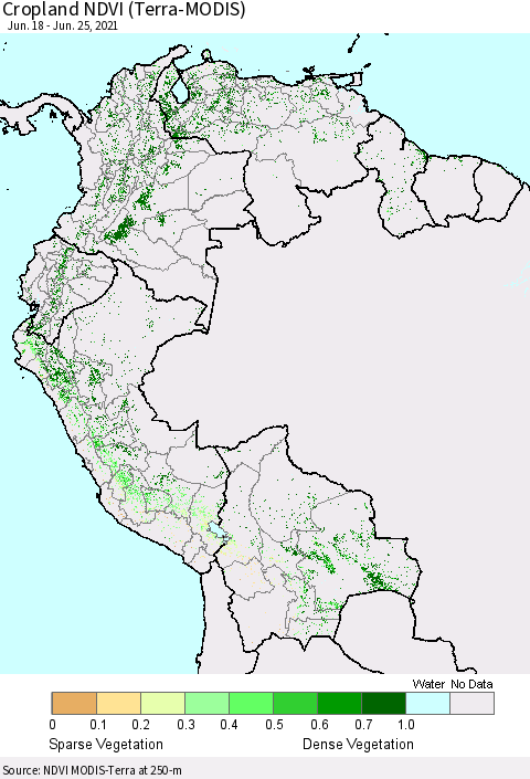 Northern South America Cropland NDVI (Terra-MODIS) Thematic Map For 6/18/2021 - 6/25/2021