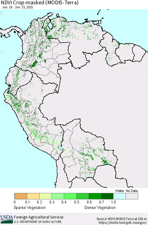 Northern South America Cropland NDVI (Terra-MODIS) Thematic Map For 6/21/2021 - 6/30/2021