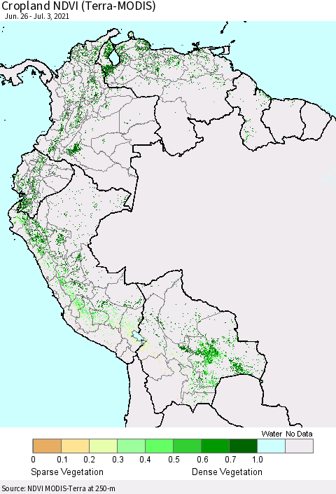 Northern South America Cropland NDVI (Terra-MODIS) Thematic Map For 6/26/2021 - 7/3/2021