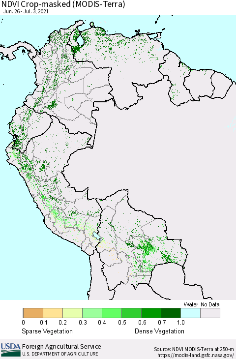 Northern South America Cropland NDVI (Terra-MODIS) Thematic Map For 7/1/2021 - 7/10/2021