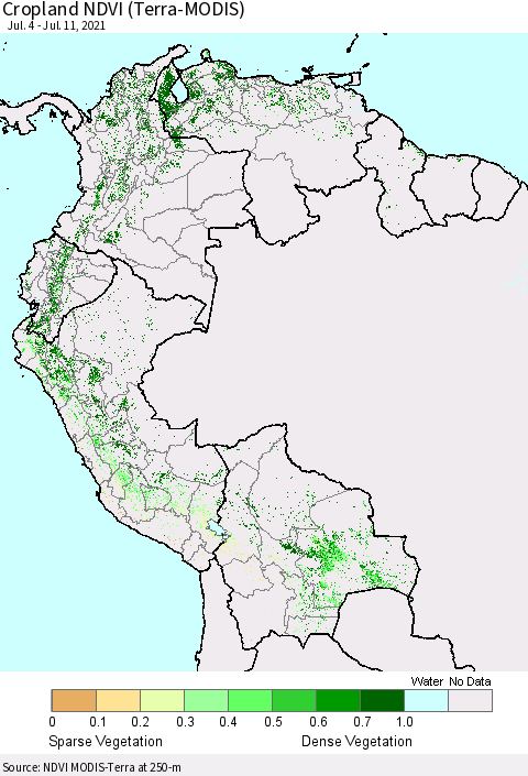 Northern South America Cropland NDVI (Terra-MODIS) Thematic Map For 7/4/2021 - 7/11/2021