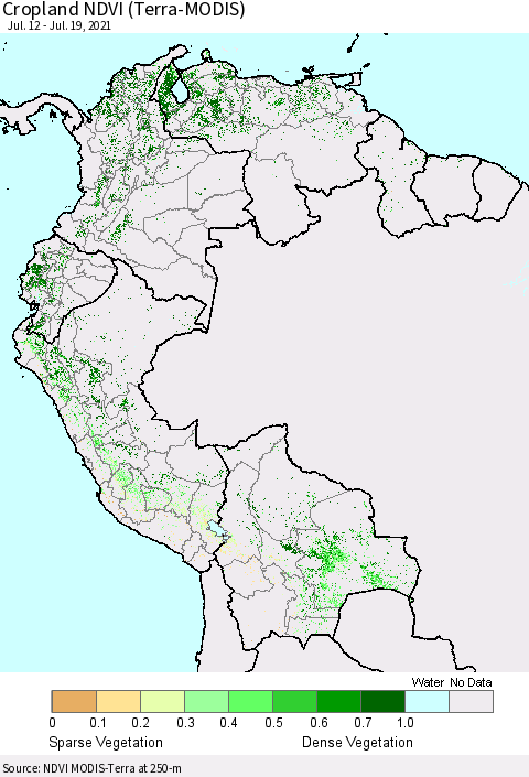 Northern South America Cropland NDVI (Terra-MODIS) Thematic Map For 7/12/2021 - 7/19/2021