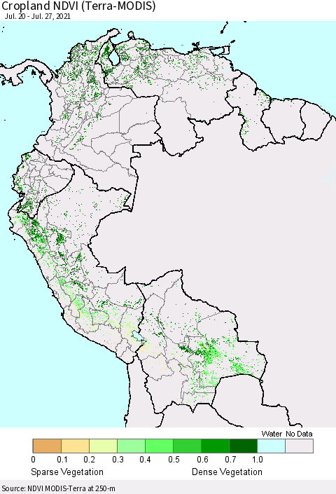 Northern South America Cropland NDVI (Terra-MODIS) Thematic Map For 7/20/2021 - 7/27/2021