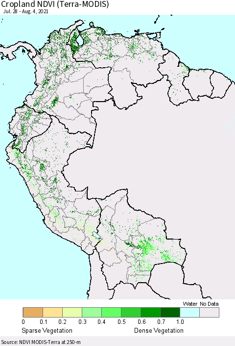 Northern South America Cropland NDVI (Terra-MODIS) Thematic Map For 7/28/2021 - 8/4/2021