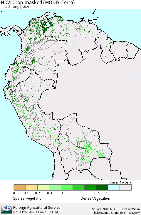 Northern South America Cropland NDVI (Terra-MODIS) Thematic Map For 8/1/2021 - 8/10/2021