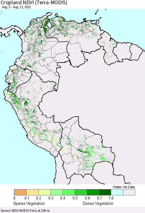 Northern South America Cropland NDVI (Terra-MODIS) Thematic Map For 8/5/2021 - 8/12/2021
