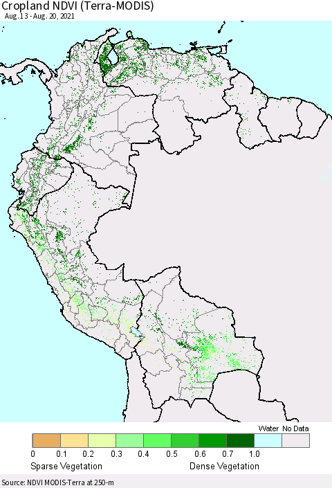 Northern South America Cropland NDVI (Terra-MODIS) Thematic Map For 8/11/2021 - 8/20/2021