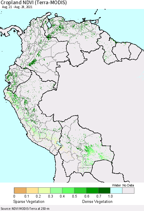 Northern South America Cropland NDVI (Terra-MODIS) Thematic Map For 8/21/2021 - 8/28/2021