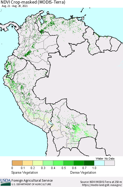Northern South America Cropland NDVI (Terra-MODIS) Thematic Map For 8/21/2021 - 8/31/2021