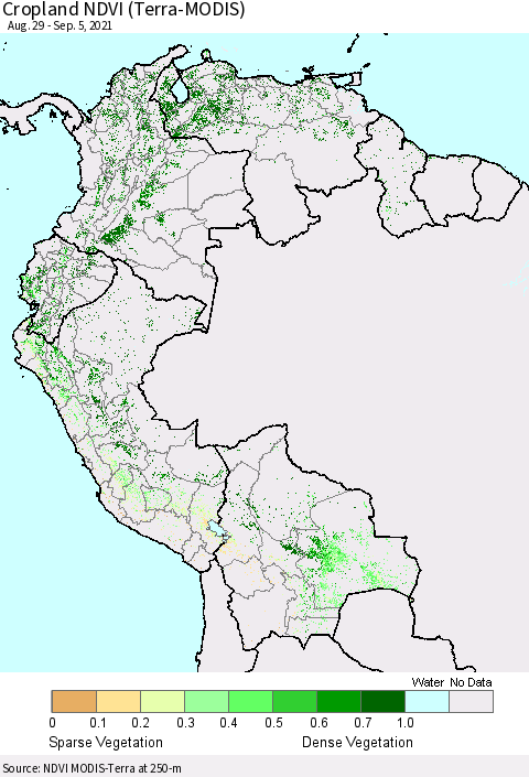 Northern South America Cropland NDVI (Terra-MODIS) Thematic Map For 8/29/2021 - 9/5/2021