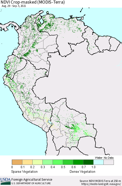 Northern South America Cropland NDVI (Terra-MODIS) Thematic Map For 9/1/2021 - 9/10/2021