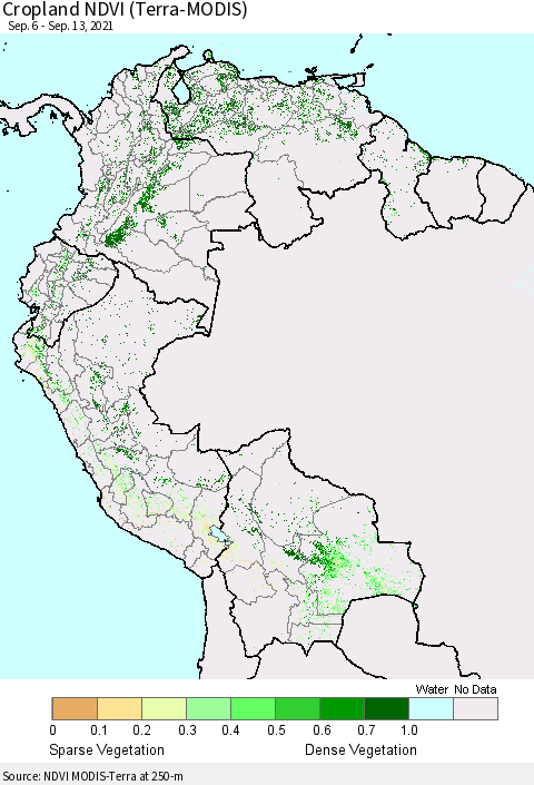 Northern South America Cropland NDVI (Terra-MODIS) Thematic Map For 9/6/2021 - 9/13/2021