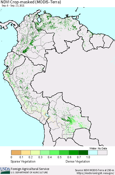 Northern South America Cropland NDVI (Terra-MODIS) Thematic Map For 9/11/2021 - 9/20/2021