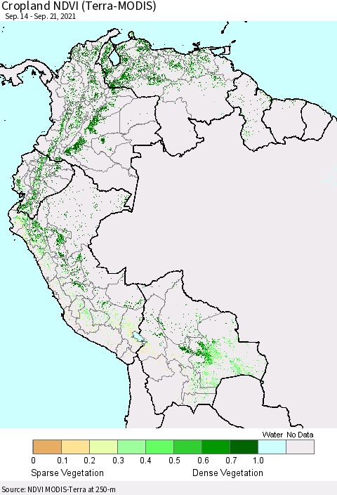 Northern South America Cropland NDVI (Terra-MODIS) Thematic Map For 9/14/2021 - 9/21/2021