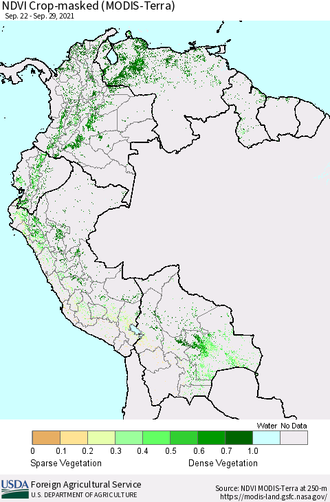 Northern South America Cropland NDVI (Terra-MODIS) Thematic Map For 9/21/2021 - 9/30/2021