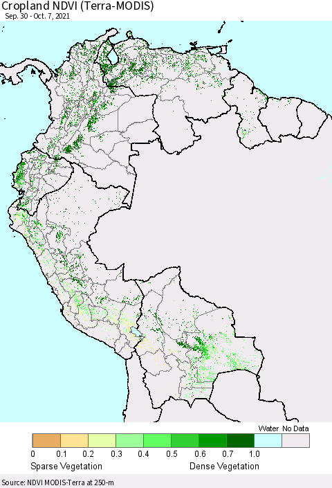 Northern South America Cropland NDVI (Terra-MODIS) Thematic Map For 9/30/2021 - 10/7/2021
