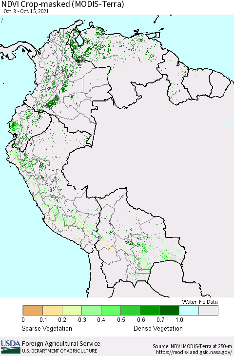 Northern South America Cropland NDVI (Terra-MODIS) Thematic Map For 10/11/2021 - 10/20/2021