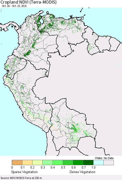Northern South America Cropland NDVI (Terra-MODIS) Thematic Map For 10/16/2021 - 10/23/2021