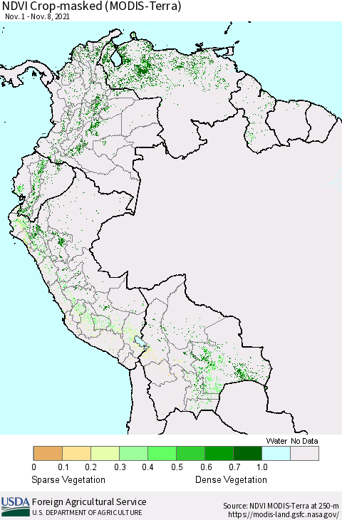 Northern South America Cropland NDVI (Terra-MODIS) Thematic Map For 11/1/2021 - 11/10/2021