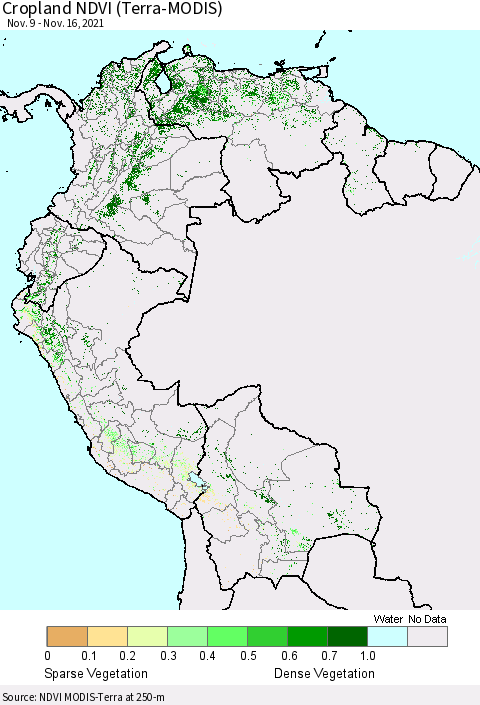 Northern South America Cropland NDVI (Terra-MODIS) Thematic Map For 11/9/2021 - 11/16/2021