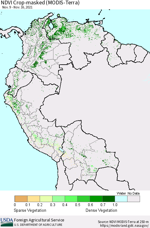 Northern South America Cropland NDVI (Terra-MODIS) Thematic Map For 11/11/2021 - 11/20/2021