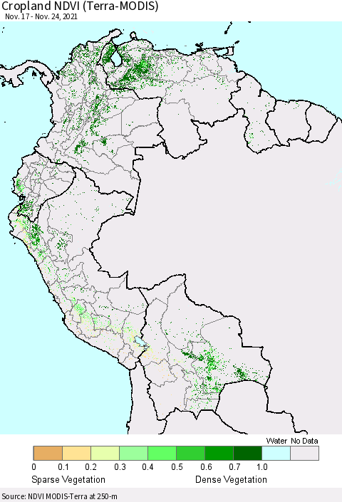 Northern South America Cropland NDVI (Terra-MODIS) Thematic Map For 11/17/2021 - 11/24/2021