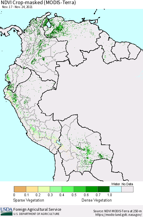 Northern South America Cropland NDVI (Terra-MODIS) Thematic Map For 11/21/2021 - 11/30/2021