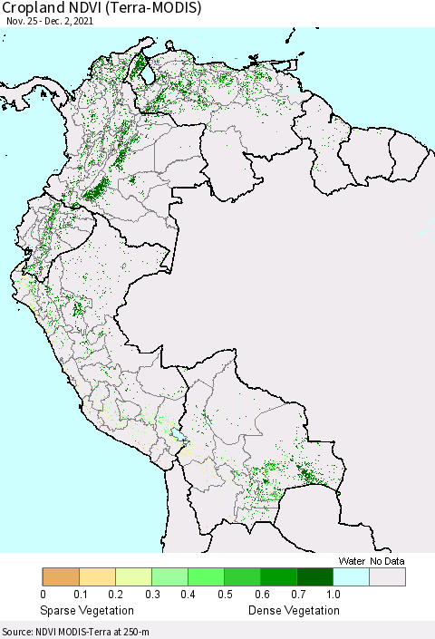 Northern South America Cropland NDVI (Terra-MODIS) Thematic Map For 11/25/2021 - 12/2/2021