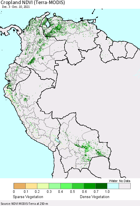 Northern South America NDVI Crop-masked (MODIS-Terra) Thematic Map For 12/1/2021 - 12/10/2021