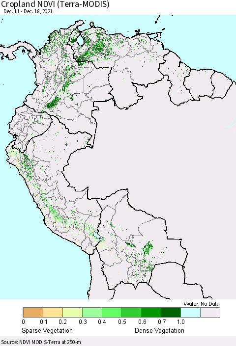 Northern South America Cropland NDVI (Terra-MODIS) Thematic Map For 12/11/2021 - 12/18/2021