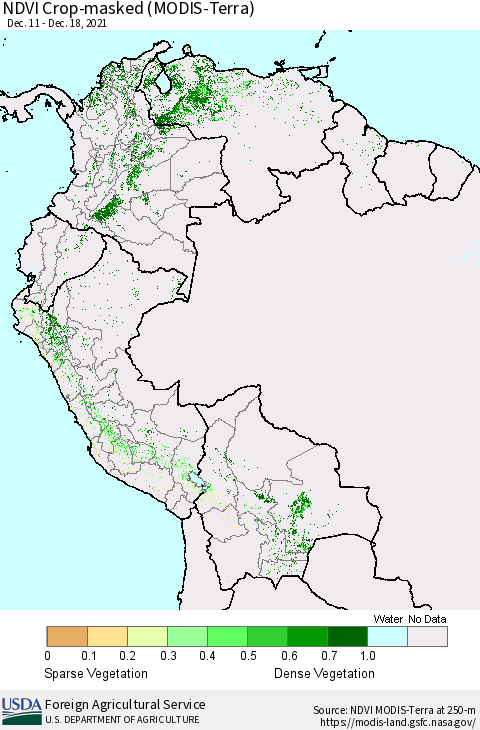 Northern South America Cropland NDVI (Terra-MODIS) Thematic Map For 12/11/2021 - 12/20/2021