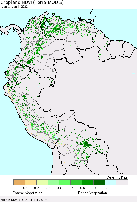 Northern South America Cropland NDVI (Terra-MODIS) Thematic Map For 1/1/2022 - 1/8/2022