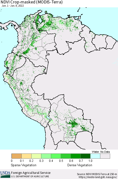 Northern South America Cropland NDVI (Terra-MODIS) Thematic Map For 1/1/2022 - 1/10/2022