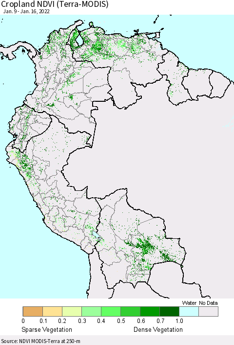 Northern South America Cropland NDVI (Terra-MODIS) Thematic Map For 1/9/2022 - 1/16/2022
