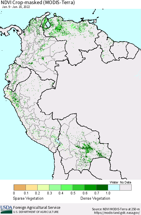 Northern South America Cropland NDVI (Terra-MODIS) Thematic Map For 1/11/2022 - 1/20/2022